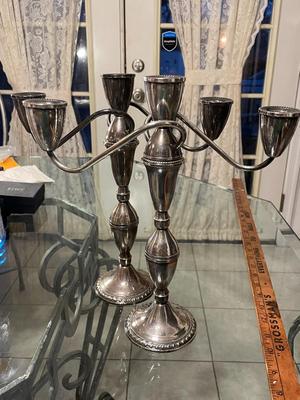 Vintage Mid-Century Pair of Sterling Silver Weighted 3-Tier Convertible Candelabras 11.75" Tall in Good Preowned Condition. FREE...