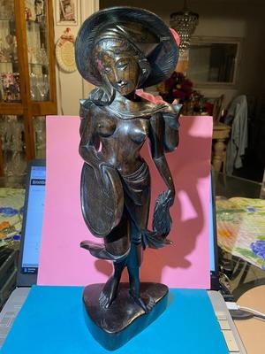 Vintage Balinese Carved Wooden Nude Woman Sculpture Statue 16.5" Tall in Good Preowned Condition.