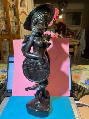 Vintage Balinese Carved Wooden Nude Woman Sculpture Statue 16.5" Tall in Good Preowned Condition.