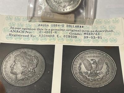 Vintage ANACS Old School Photo Grade 1884-O Uncirculated Morgan Silver Dollar as Pictured. FREE DOMESTIC SHIPPING.