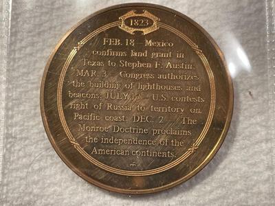 1823 MONROE DOCTRINE SETS FOREIGN POLICY FRANKLIN MINT PROOF BRONZE MEDAL (MEDAL #28). FREE DOMESTIC SHIPPING.