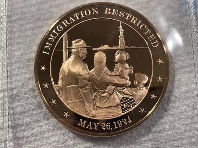 1924 IMMIGRATION RESTRICTED FRANKLIN MINT PROOF BRONZE MEDAL (MEDAL #27). FREE DOMESTIC SHIPPING.