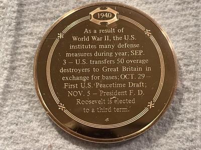 1940 FIRST U.S. PEACETIME DRAFT FRANKLIN MINT PROOF BRONZE MEDAL (MEDAL #24). FREE DOMESTIC SHIPPING.
