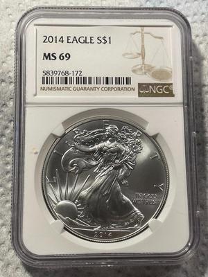 NGC CERTIFIED 2014 MS69 SILVER EAGLE DOLLAR AS PICTURED. FREE DOMESTIC SHIPPING.