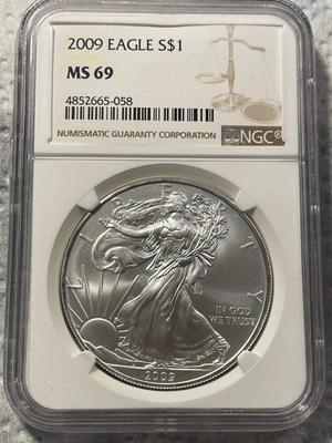 NGC CERTIFIED 2009 MS69 SILVER EAGLE DOLLAR AS PICTURED. FREE DOMESTIC SHIPPING.