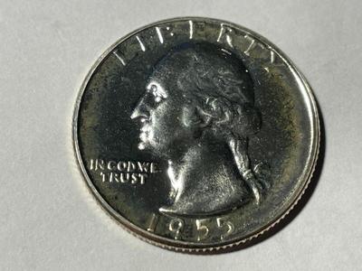 1955 PROOF CONDITION WASHINGTON SILVER QUARTER AS PICTURED. FREE DOMESTIC SHIPPING.