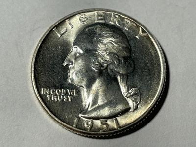 1951-S BRILLIANT UNCIRCULATED CONDITION WASHINGTON SILVER QUARTER AS PICTURED. FREE DOMESTIC SHIPPING.
