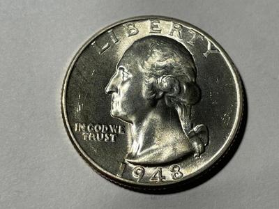 1948-D BRILLIANT UNCIRCULATED CONDITION WASHINGTON SILVER QUARTER AS PICTURED. FREE DOMESTIC SHIPPING.
