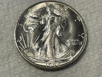 (COIN-2) 1946-S CHOICE BU FROM AN ORIGINAL ROLL WALKING LIBERTY SILVER HALF DOLLAR. FREE DOMESTIC SHIPPING.