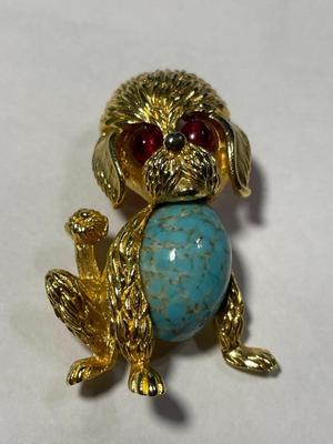 Vintage Jewelry Gorgeous Turquoise Jelly Belly Poodle Dog Pin/Brooch with Ruby/Garnet Eyes believed to be Trifari 1.75" Tall.