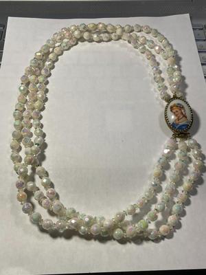 Vintage Triple Strand Pearlescence Crystal Bead Necklace 23.5" w/Florenza Limoges Hand Painted Portrait Cameo Clasp in VG Preowned...
