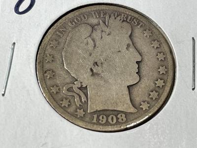 1908-O CIRCULATED CONDITION BARBER SILVER HALF DOLLAR AS PICTURED. FREE DOMESTIC SHIPPING.