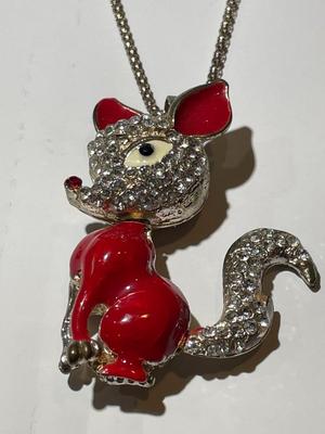 Vintage Rhinestone & Enamel Rudolph the Red Nose Reindeer Pendant 2.5" Tall on a 28" Fashion Chain in Good Preowned Condition.