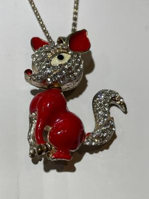 Vintage Rhinestone & Enamel Rudolph the Red Nose Reindeer Pendant 2.5" Tall on a 28" Fashion Chain in Good Preowned Condition.