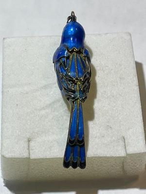 Antique Chinese Export Jade Cocoon Blue Bird Enamel Gilded Silver Pendant in VG Preowned Condition