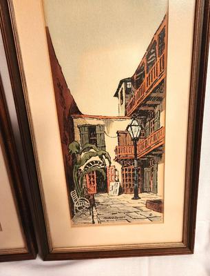 Lot #12 Pair of Hand-Colored 1966 MCM Prints by Listed Artist Rolland Golden - French Quarter