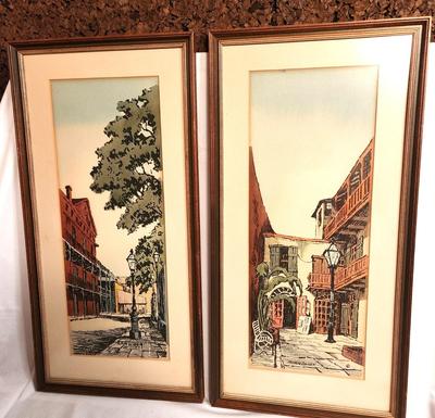 Lot #12 Pair of Hand-Colored 1966 MCM Prints by Listed Artist Rolland Golden - French Quarter