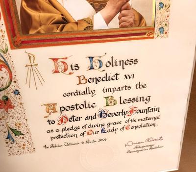 Lot 17 Apostolic Blessing from Benedict XVI to Pete/Beverly Fountain