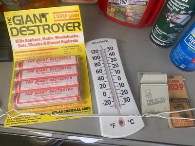 ALL SORTS OF GOOD STUFF FOR TAKING OUT BUGS AND RODENTS, EVEN AN ACCURITE THERMOMETER