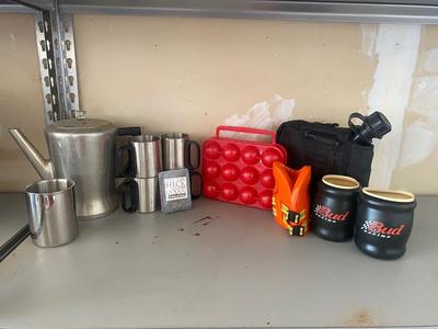 CAMPING ITEMS, PERCOLATOR, EGG CONTAINER, ALUMINUM COFFEE, CUPS, CANTEEN, AND MORE