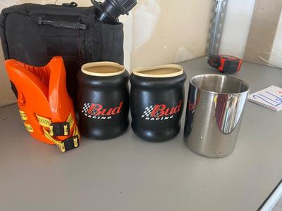 CAMPING ITEMS, PERCOLATOR, EGG CONTAINER, ALUMINUM COFFEE, CUPS, CANTEEN, AND MORE