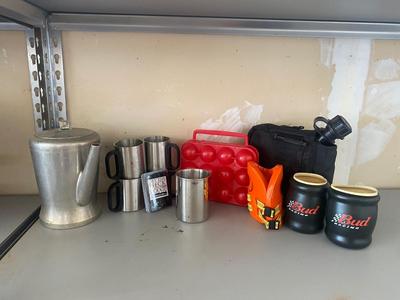 CAMPING ITEMS, PERCOLATOR, EGG CONTAINER, ALUMINUM COFFEE, CUPS, CANTEEN, AND MORE