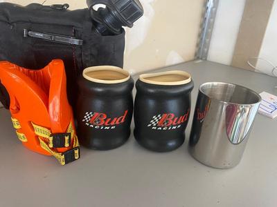 CAMPING ITEMS, PERCOLATOR, EGG CONTAINER, ALUMINUM COFFEE, CUPS, CANTEEN, AND MORE