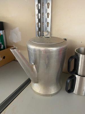 CAMPING ITEMS, PERCOLATOR, EGG CONTAINER, ALUMINUM COFFEE, CUPS, CANTEEN, AND MORE