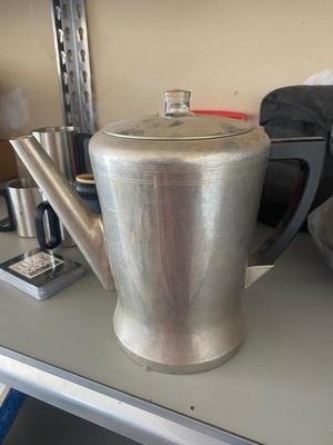 CAMPING ITEMS, PERCOLATOR, EGG CONTAINER, ALUMINUM COFFEE, CUPS, CANTEEN, AND MORE