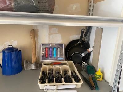 CAMPING COOKWARE, FLATWARE, FLASHLIGHTS M, COFFEE MAKER/PERCOLATOR HATCHET AND OTHER GOODIES!