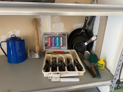 CAMPING COOKWARE, FLATWARE, FLASHLIGHTS M, COFFEE MAKER/PERCOLATOR HATCHET AND OTHER GOODIES!