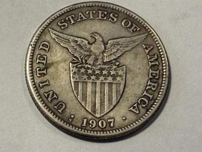 Philippines 1907-S VERY FINE Condition Cleaned Silver Peso Coin as Pictured. FREE DOMESTIC SHIPPING.