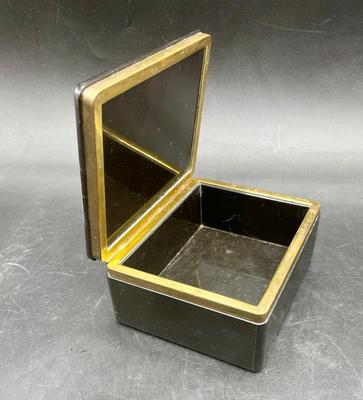 Black Onyx Glass Lidded Trinket Box with Goldtone Trim