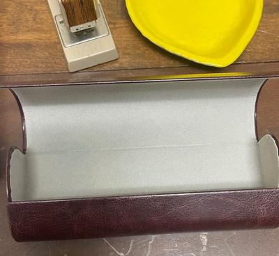 Miscellaneous Lot: Stapler, Trinket Dish, Notebook, Journal, Camera Mini Tripod, Compact Mirror, Eyeglass Case, and more