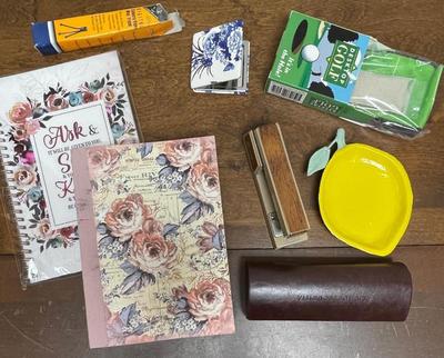 Miscellaneous Lot: Stapler, Trinket Dish, Notebook, Journal, Camera Mini Tripod, Compact Mirror, Eyeglass Case, and more