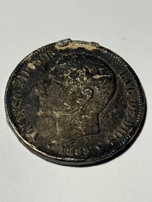 SPAIN 1885 Circulated and Used in Jewelry Alfonso XII Silver 5 Pesetas Coin as Pictured. FREE DOMESTIC SHIPPING.