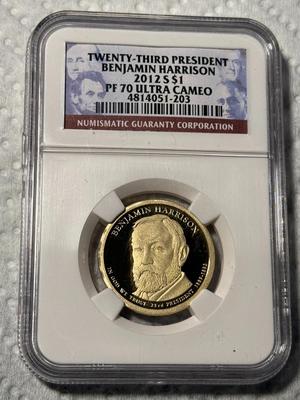 NGC CERTIFIED 2012-S PROOF70 ULTRA CAMEO BENJAMIN HARRISON PRESIDENTIAL DOLLAR AS PIC'D. FREE DOMESTIC SHIPPING.