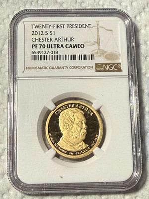 NGC CERTIFIED 2012-S PROOF70 ULTRA CAMEO CHESTER A. ARTHUR PRESIDENTIAL DOLLAR AS PIC'D. FREE DOMESTIC SHIPPING.