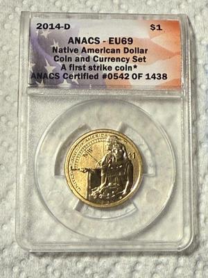 ANACS Certified 2014-D SP-69 Enhanced Uncirculated Native American Sacagawea Dollar as Pictured. FREE DOMESTIC SHIPPING.
