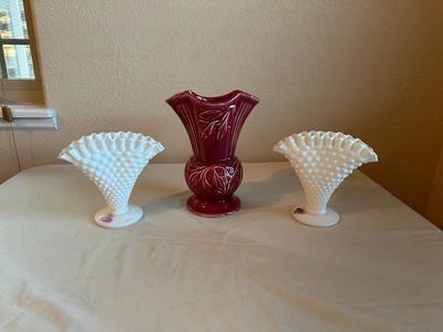 CERAMIC VASE AND A PAIR OF FENTON FAN VASES