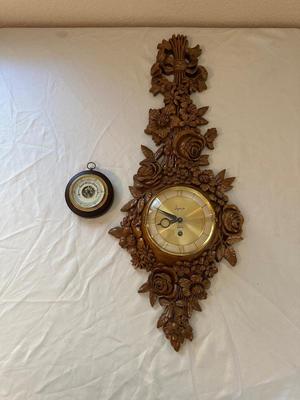 SYROCO 8 DAY JEWELED WALL CLOCK AND WEST GERMANY BAROMETER