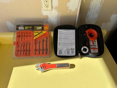 DRILL BIT SET, BULLS-EYE STUD FINDER AND CRESCENT WRENCH