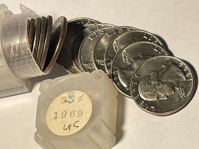 ROLL OF (40) 1969-P BRILLIANT UNCIRCULATED WASHINGTON CLAD QUARTERS. FREE DOMESTIC SHIPPING.