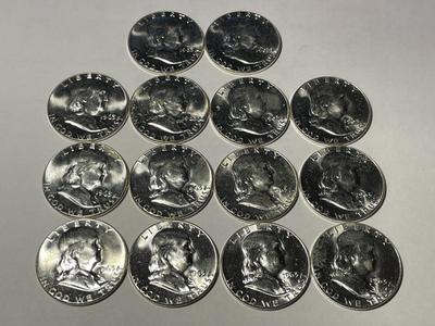 LOT OF (14) 1963-P BRILLIANT UNCIRCULATED FRANKLIN SILVER HALF DOLLARS. FREE DOMESTIC SHIPPING.