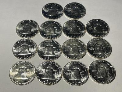 LOT OF (14) 1963-P BRILLIANT UNCIRCULATED FRANKLIN SILVER HALF DOLLARS. FREE DOMESTIC SHIPPING.