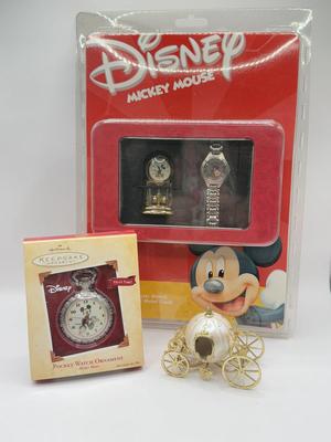 LOT 81B: NIP Disney Hallmark Keepsake Mickey Mouse Pocket Watch, NIP Mickey Watch & Mantle Clock Set & Cinderella's Coach