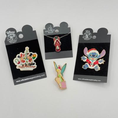 LOT 124J: Disney Christmas - 16" Flip Flop Necklace & Trading Pins - Happy Holidays Mickey and Minnie, Stitch as Santa &...