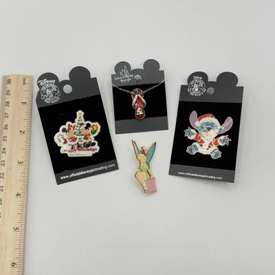 LOT 124J: Disney Christmas - 16" Flip Flop Necklace & Trading Pins - Happy Holidays Mickey and Minnie, Stitch as Santa &...