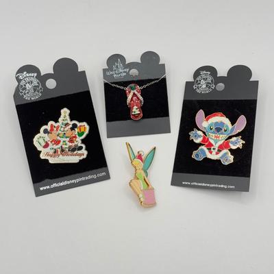 LOT 124J: Disney Christmas - 16" Flip Flop Necklace & Trading Pins - Happy Holidays Mickey and Minnie, Stitch as Santa &...
