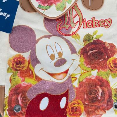 LOT 130B: Disney Bags w/ Tags - Mickey Mouse Wristlets, Eeyore Shoulder Bag, Colorful Roses Mickey Canvas Tote & More